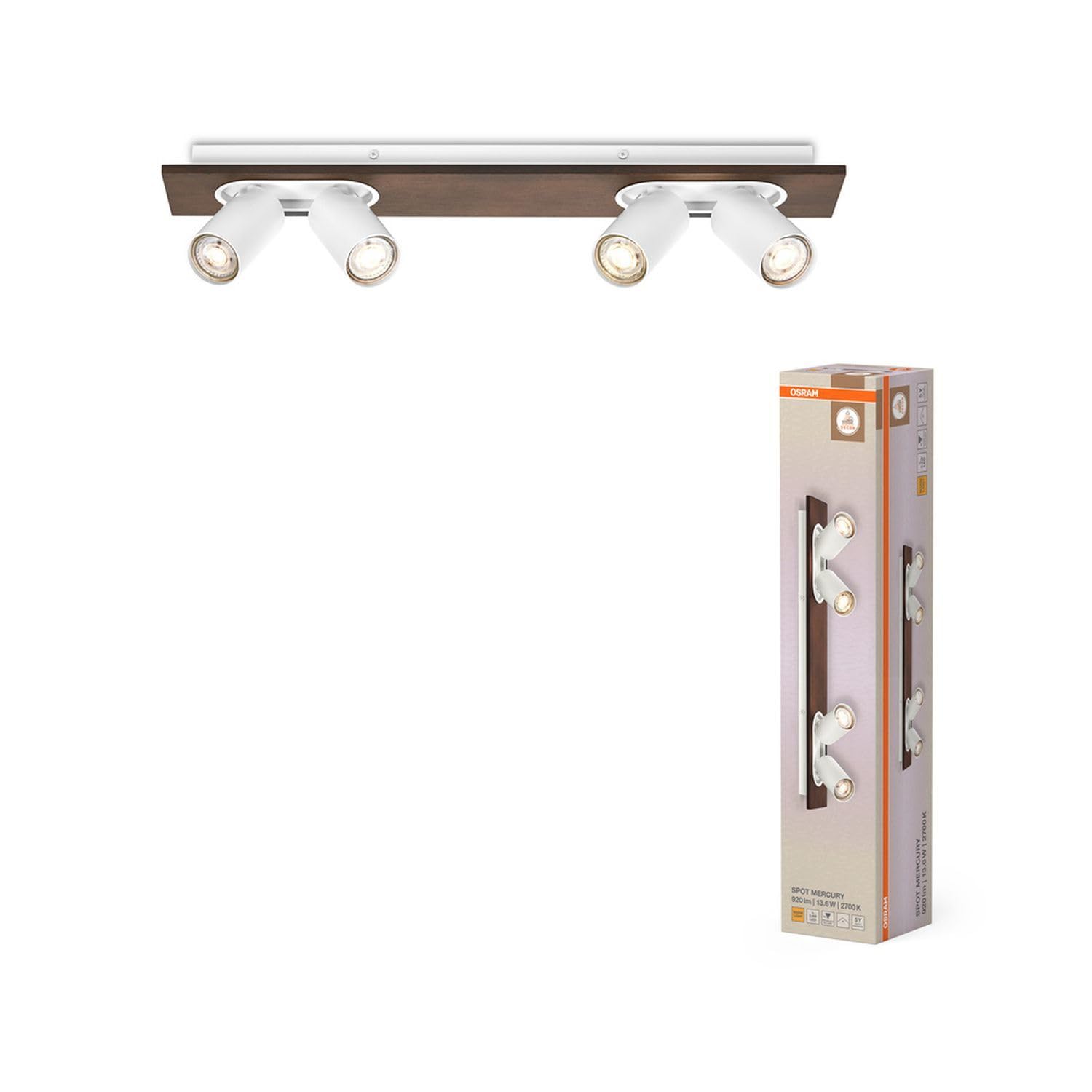 Osram DECOR Spot Mercury, 4 x 3,4 W, 920 lm, effetto legno, bianco, faretto, teste regolabili, versatili, faretto interno, lampadine LED sostituibili, luce bianca calda, GU10