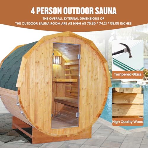 Image of OUTEXER Outdoor Traditional Sauna 4-5 Person 240V 4.5KW 6'x6' Steam Saunas | Wet Finnish Carbonized Spruce Wood Sauna with Heater,Sauna Stone,Water Bucket,Ladle,LED Lights