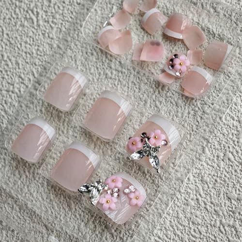 Image of Summer Press on Toenails Flower Fake Toenails Square False Nails Butterfly with Design White French Tip Glue on Toenails Glossy Artificial Acrylic Full Cover Stick on Toes for Women Manicure 24Pcs