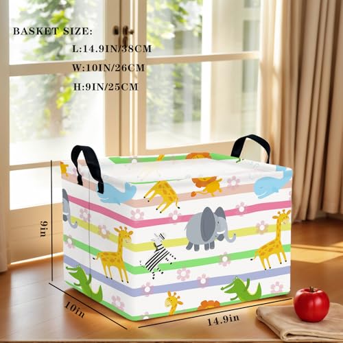 Image of Cute Rectangle Woodland Animal Baby Girl Basket Nursery Playroom Bedroom Decor Clothes Toy Storage Basket Linen Canvas Colorful Animals
