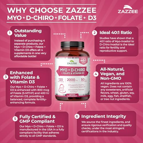 Image of Zazzee Myo & D-Chiro Inositol Ideal 40:1 Ratio with Vitamin D3 & Folate, 120 Vegan Capsules, Hormonal Balance & Cycle Support for Women, Women's Health Supplement, Non-GMO, Made in the USA