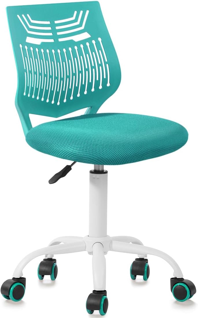 FurnitureR Kids Desk Chair, Student Study Computer Task Chair Armless Cute Rolling Swivel Adjustable with Mesh Soft Cushion Plastic Low Back, Aqua