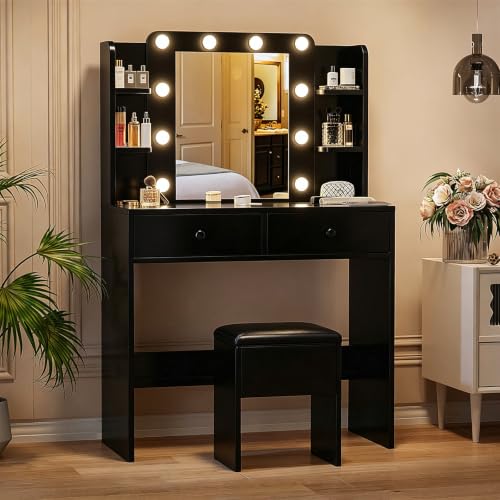 Image of Haewon Makeup Vanity Desk with Lighted Mirror and Chair Set, Black