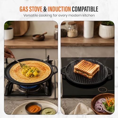 Image of Cast Iron 2-in-1 Dosa Tawa | Pre-Seasoned Non-Stick Iron Grill Tawa | Heavy Duty Non-Toxic Cookware | Even Heat Distribution | Gas Stove & Induction Compatible, Black, 30cm, 2.8kg