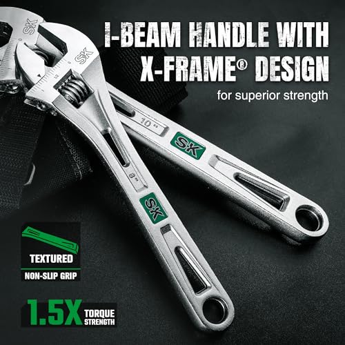 Image of SK 3-Piece Adjustable Wrench Set, 6 inch, 8 inch, 10 inch, SAE & Metric Scales | X-Frame Handle, Precision Jaw, Heat Treated CR-V Steel, Chrome-Plated Rust Resistant Finish