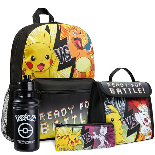 Pokemon Mochila escolar figuras para crianças de 4 peças, conjunto de material escolar com mochila, lancheira isolada, estojo escolar para lápis e garrafa de água, presentes para crianças, Preto/amarelo, Talla única, Mochilas escolares