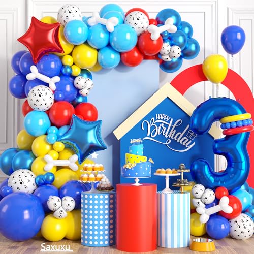 Image of 3rd Birthday Decorations Boy, Dog Paw Three Years Old Party Arch with Red Blue Yellow Long Latex Balloons 40 inch Number 3 Balloon and Star Foil for Paw Birthday Party Supplies