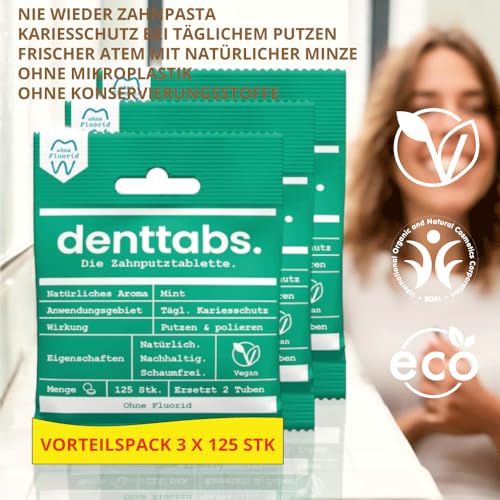 Denttabs Zahnputztabletten die vollwertige Alternative zur Zahnpasta, 3x125 Stk für 6 Monate. Mint fluoridfrei - VEGAN Plastikfrei ohne Konservierungsstoffe. Im Orginal denttabs kompostierbaren Beutel – Bild 3