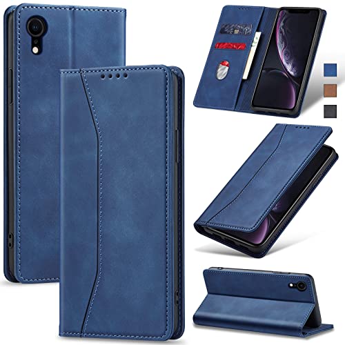 Image of Jasonyu Flip Wallet Case for iPhone XR,Leather Magnetic Folio Cover with Card Holder,Kickstand - TPU Shockproof Durable Protective Phone Case,Blue