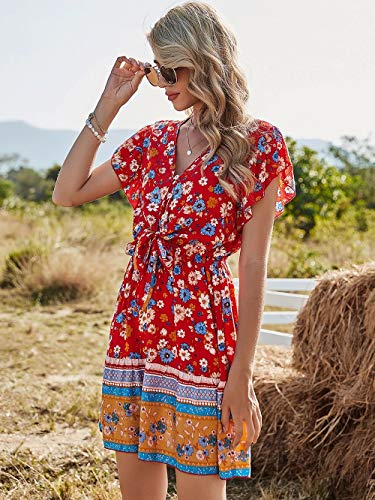 Bestsmile Flores de verão com babado estampado feminino manga curta vestido casual bandagem cintura