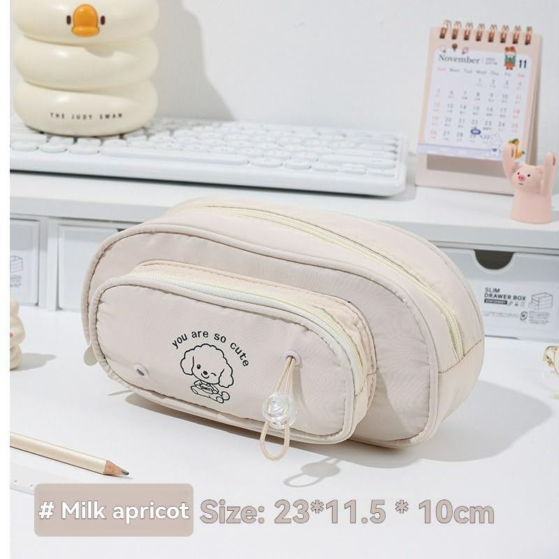 Image of Canvas School Bag Pencil Case, 3 Layer 6 Compartment Large Capacity, Aesthetic Pencil Pouch for Stationary, Cute Stationery for Kids, Pencil Case for Girls & Boys (Milk Apricot)