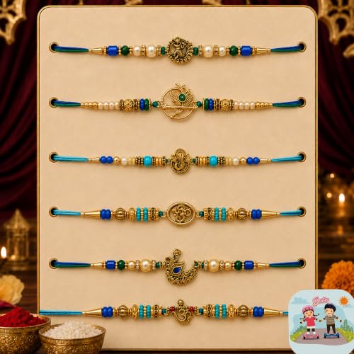 Image of CraftVatika Rakhi with Gift for Brother, Rakhi Set of 6, Rakshabandhan Gift Combo Set for Boy Men, Traditional Om Peacock Ganesha Religious rakhies with Best Wishes Card and Tilakk, Raksha Sutra
