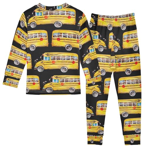 Watercolor Yellow School Bus Pajama Sets Long Sleeve Top with Pants Cotton Soft Sleepwear 2 Piece Pjs Set, 8 Years Old2