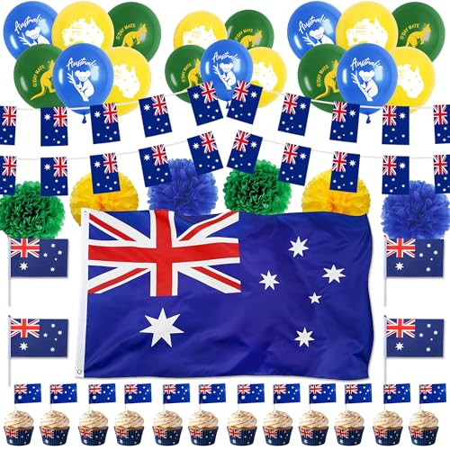 130Pcs Australian Party Decorations Banner - Australia Themed Backdrop Kit with Balloons Hand Waved Flag Australia Day Flag Bunting Banner for Birthday Beach Party and School Events