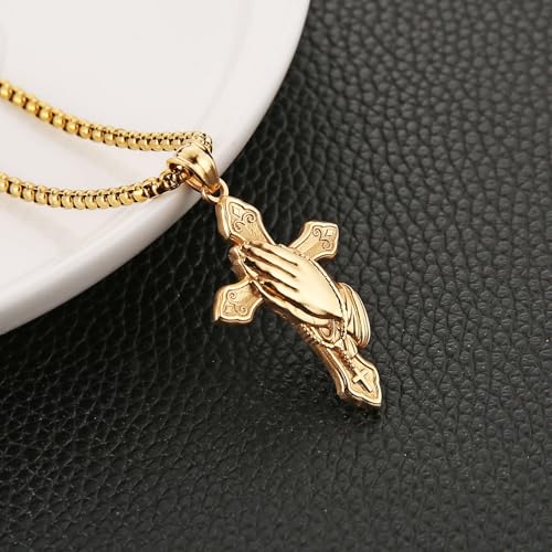 HZMAN Praying Hand Cross Necklace for Men Stainless Steel Retro Small Prayer Hands Pendant Christian Jewelry Gift4