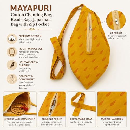 Image of Original Pure Cotton Gomukhi Japa Mala Bag /Chanting Bag or Beads Bag /Jholi /Thole with Zip Pocket and Sakshi Mala Counter (Golden Yellow)
