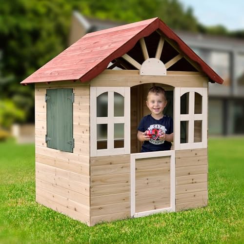 dobar® Kinder-Spielhaus aus Holz mit Fenster und Türen - Spielhaus Outdoor Bausatz mit einfachem Aufbau - Kinderhaus für Garten - Rot - 115 x 102 x 125 cm
