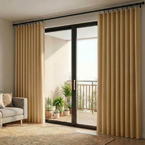 Image of hoeflife Room Divider Curtains Blackout Floor to Ceiling Curtain with Hook Wall Mount Sliding Door Curtains Ceiling Mount Extra Wide Curtain Wall Divider for Room Separation (Khaki, W180 x H84 Inch)