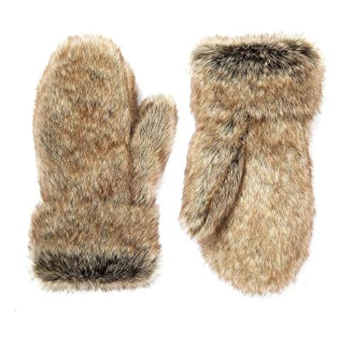 Futrzane Faux Fur Winter Gloves for Women - Rabbit Fur Lined Natural Mittens (Grey with Brown) Cover