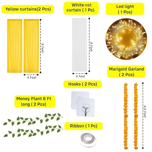 Image of Party Propz Ganpati Decoration Setup For Home - 11pc Yellow Backdrop Cloth For Decorations Pooja with 9m Light, Leaves, Varalakshmi and Janmashtami Backdrop, Haldi Decoration(Satin Mix)(Yellow, White)