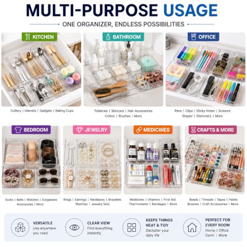 Image of TASMAX Dressing Table Organizer Drawer Divider Organizer Stationary Organizers Box 7Pcs Organisers Storage Box Cosmetics Organiser Tray Acrylic Drawer Organizer - Transparent (Organizer Tray 21 PCS)