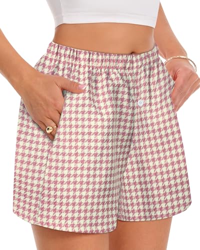 Image of Women Boxer Shorts Summer Gingham Pj Casual Plaid Bottoms with Pocket