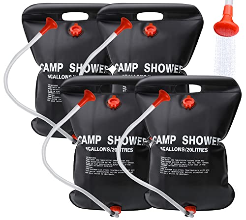 DkOvn 4 Pack Solar Shower Bag, 5 Gallons/20L Camping Shower Bag, Portable Shower Bag with Removable Hose and On-Off Switchable Shower Head for Camping Beach Swimming Outdoor Traveling by DkOvn - Used condition - US$18.56