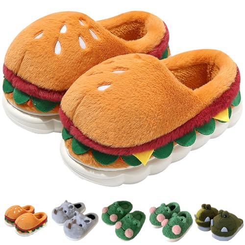 Giraffe/Elephant/Pig/Turtle/Frog/Duck/Rhino/Crocodile/Chicken/Capybara/Dinosaur/Whale/Koala Slippers, Cute Plush 3D Animal Cartoon Slides Shoes for Adults Kids (Hamburger,10.5-11.5 Women/8.5-9.5 Men)