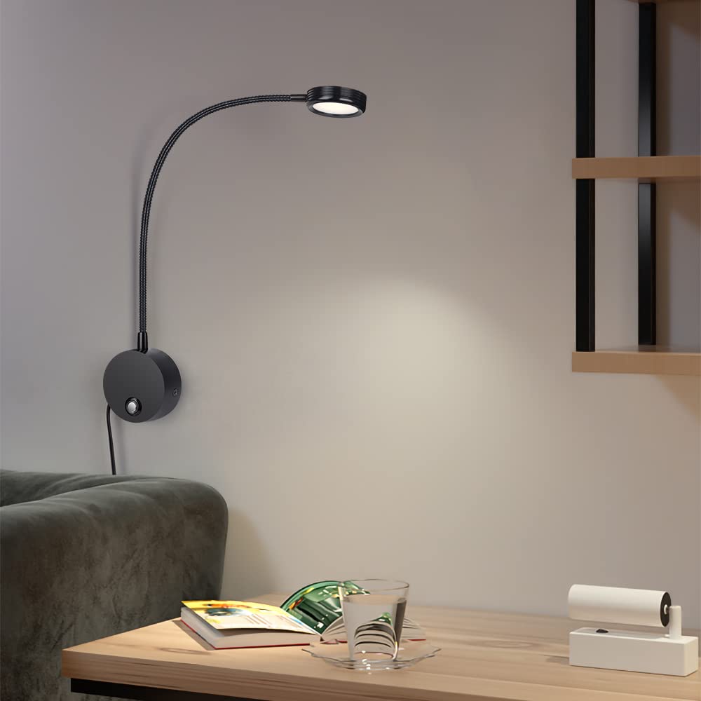 ERWEY Leselampe Wandmontage, LED Bettleuchte Wandleuchte mit Touch Button Einstellbar Licht 3000K/4000K/6000K, 4W Bettlampe 360° Flexible Schwanenhals Lampe mit USB-Ladeanschluss, Schwarz