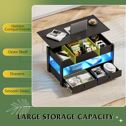 Image of WLIVE Lift Top Coffee Table with 2 Drawers Storage, LED Light, Black | Mid Century Modern Wooden Coffee Table, for Dining /Living Rooms /Offices; 39.4 inchW x 19.5 inchD x 19.1 inchH