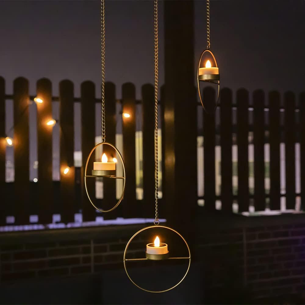 Solar Lanterns Outdoor Hanging Lights, Golden Metal Candle Holder with Solar Tea Lights Outdoor Waterproof, Solar Chandelier Ideas for Tree Gazebo Pergola Patio Garden Backyard Decor - Set of 3