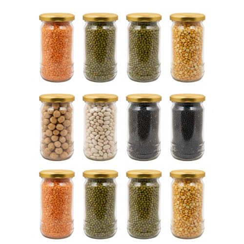 Image of Glassbunny Transparent Glass Jar and Container Air Tight Golden Lid for Kitchen 300 ml with Leak-Proof Metal Lid Pack of 12
