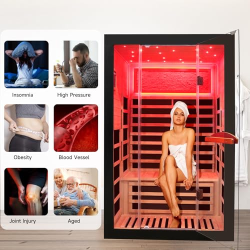 Image of OUTEXER Infrared Sauna 2000W Wooden Saunas Home Spa Room Wood Low-EMF Indoor Saunas with with 7 Color Starry Sky Ceiling Light for Two Person 74.8 * 47.2 * 41.3Inch