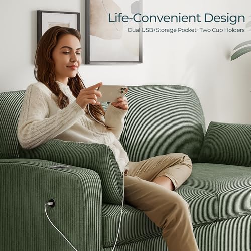 LINSY HOME Pull Out Sofa Bed - Convertible Loveseat Sleeper Sofa, Upgraded Bed Frame Pullout Couch - USB Charging & Cup Holders, Corduroy Sofa Bed for Living Room Small Space, Queen Size (Green) - Thumbnail 5