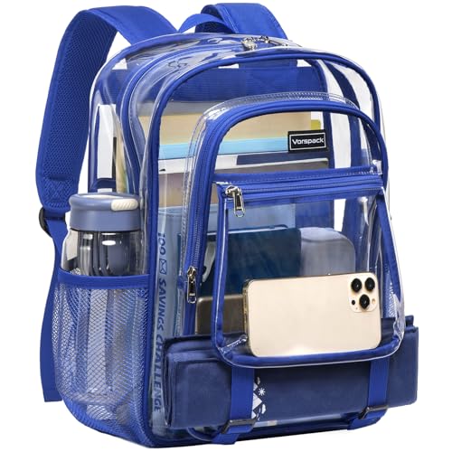 Vorspack Heavy Duty Clear Backpack - Large Clear Bookbag for Boys Transparent See Through Backpack for School College Work Festival - Blue