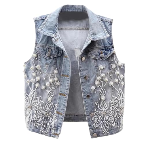 Generic Women Denim Vest Pearls Ripped Autumn Jeans Jacket Sleeveless Loose Short Coat Waistcoats Outwear Tops