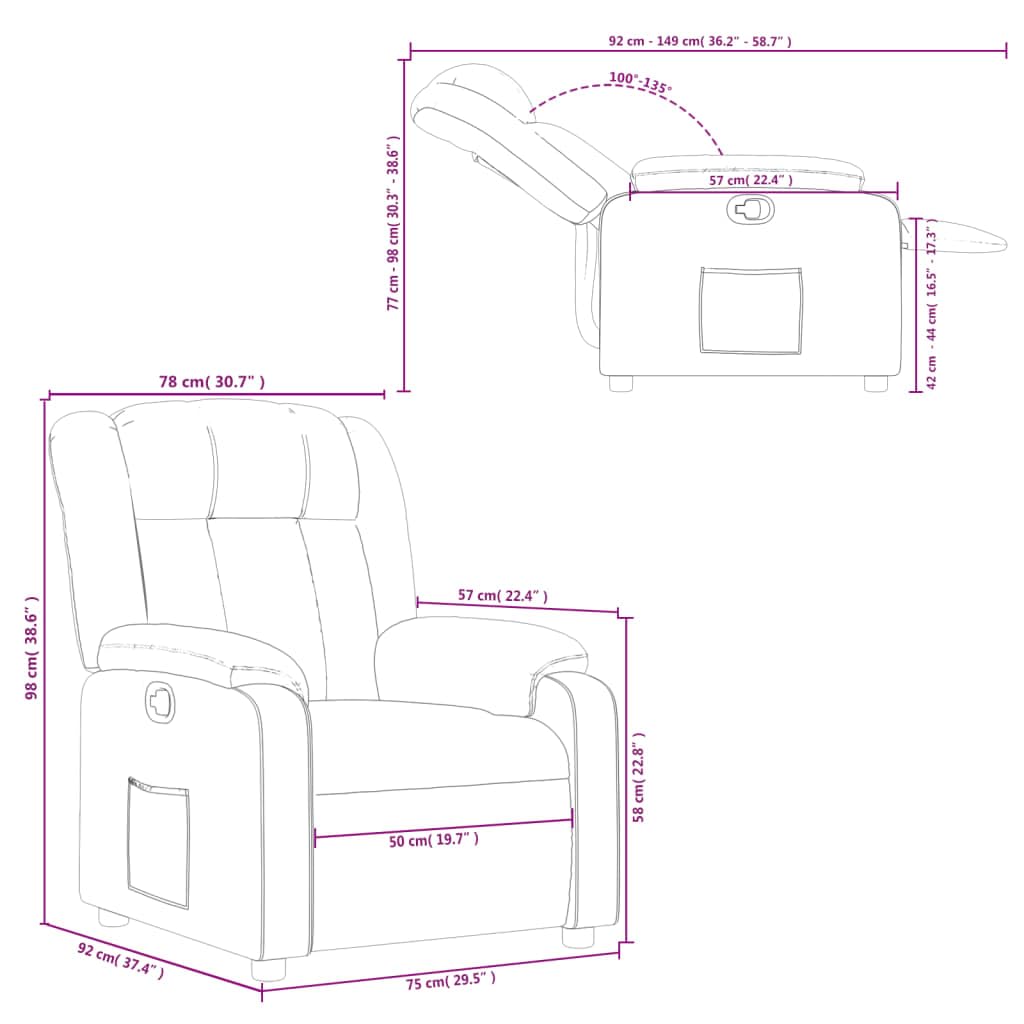 Fotel relaksacyjny, kremowy materiał z ręczną funkcją leżenia, ergonomiczny fotel tapicerowany z podłokietnikami, rama drewniano-metalowa, kieszeń boczna, 78 x 92 x 98 cm, wygodny do salonu i