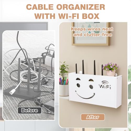 Image of HASTHIP Wall-Mount Router Holder Box, Fashion Cutout Smiley Face Storage for WiFi Routers & TV Set-Top Boxes, No-Drill, 38x8.5x20cm