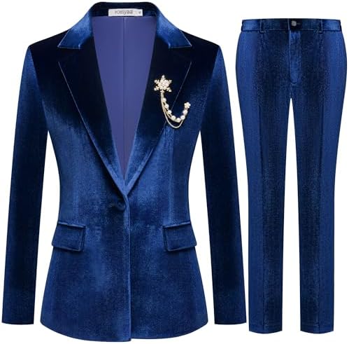 Women's 2 Piece Velvet Suit Notch Lapel One Button Slim Fit Busin...