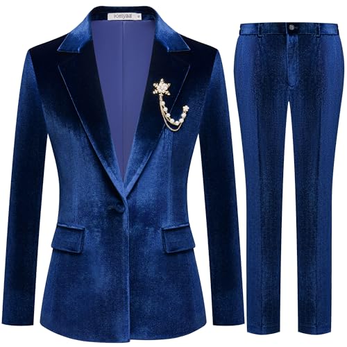 Kelyaa Women's 2 Piece Velvet Suit Notch Lapel One Button Slim Fit Business Party Wedding Tuxedo Blazer Pants Set Blue