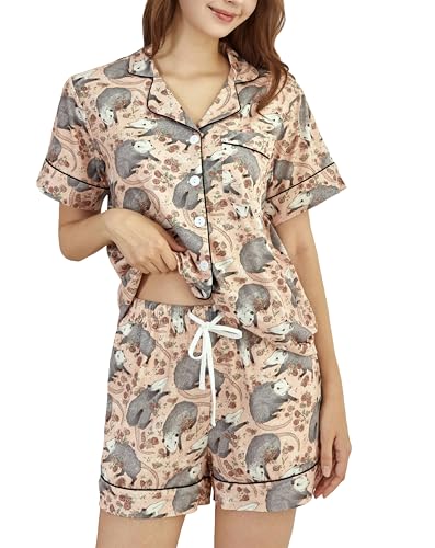 Carwayii Possum Cotton Pajamas Set for Women Short Sleeve Opossum Pjs Soft Button Down Sleepwear 2Pcs Loungewear Ladies