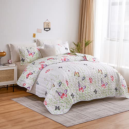 Lamejor Quilt Set Queen Size Butterfly Botanical Pattern 3-Piece Coverlet Set Bedspread Comforter Set Bed Cover Soft Lightweight White #TOP1