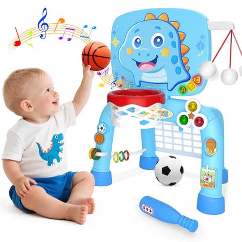 Toys For 1 Year Old Boy - Toddler Basketball Hoop&Soccer Goal&Baseball Sport Activity Center,Montessori Sensory Musical Toy With Light,Christmas...