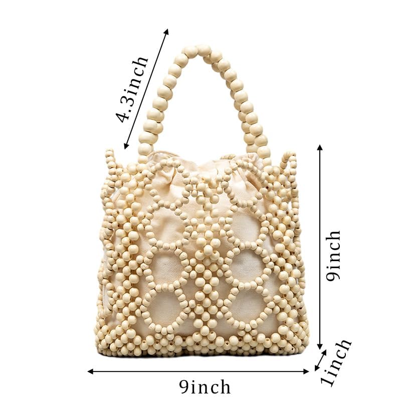 Image of YYW Unique Handmade Wooden Bead Tote Bag for Women, Small Handwoven Clutch Purses Woven Bucket Handbag and Drawstring Handbag