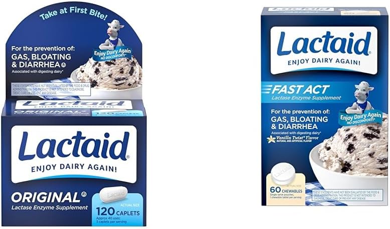 Lactaid Original Strength Lactose Intolerance Relief Caplets with Natural Lactase Enzyme & Fast Act Lactose Intolerance Chewables with Lactase Enzymes, Vanilla, 60 Count (Pack of 1)