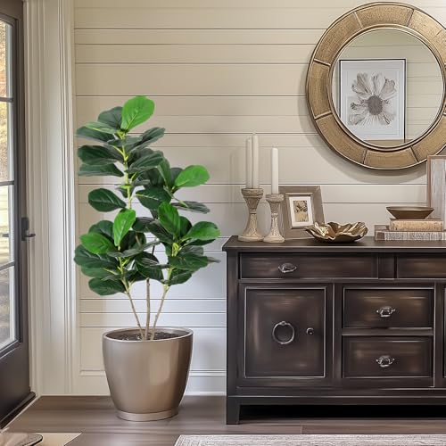 4FT Fiddle Leaf Fig Artificial Tree Faux Floor Plant with Black Planter Pot, Potted Fake Fiddle Leaf Fig Tree for Indoor Outdoor Home Office Decor