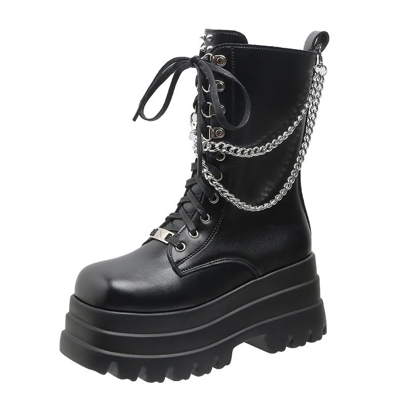 Women Black Platform Goth Boots with Lace Up and Side Zipper Punk Side Zipper Chunky Block Ankle Gothic Combat Boots - Main Image