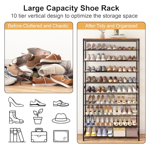 Image of HOMEFORT 10 Tiers Shoe Rack Organizer,39.4 inch Shoe Storage Shelf for Closet, Shoe Rack for Entryway,Holds 45-50 Pairs of Shoe, Tall Shoe Stand with Metal Shelves and MDF Top Board,Rustic Brown