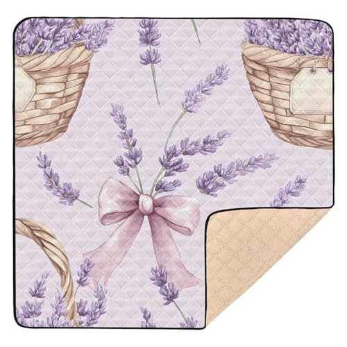 BOESI Watercolor Lavender and Bow Pattern Baby Play Mat, 50“ X 50” Washable Folding Crawling Mat, Baby Floor Mat, Soft, Thick, Non-Slip