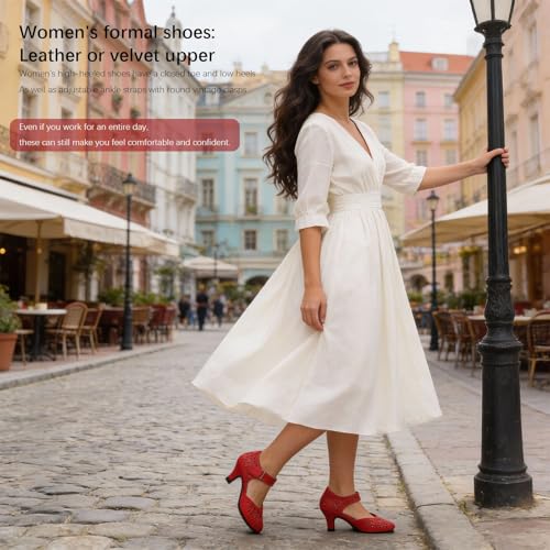 Image of Women's Comfortable Mary Jane Pumps Vintage Cutout Closed Toe Kitten Heels for Dressy Office Work